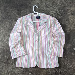 Vintage Star City Blazer Jacket Womens L White Rainbow Striped Seersucker Y2K